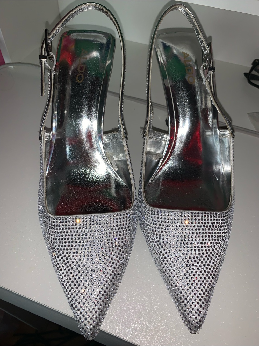 Aldo Silver Rhinestone Pointed Slingback Heels